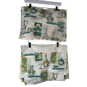 Green Vintage Kitchen Valance Set Table Runner MCM Decanter Floral Retro 7 Piece